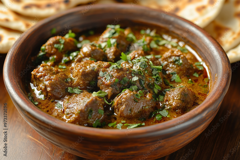 Indulge in the rich flavors of Indian Mutton Gosht Masala served with warm naan and vibrant spices in a traditional setting Indulge in the rich flavors of Indian Mutton Gosht Masala served with warm naan and vibrant spices in a traditional setting