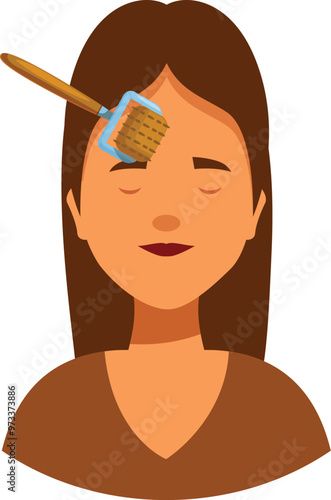 Young woman is using a derma roller on her forehead for a beauty treatment