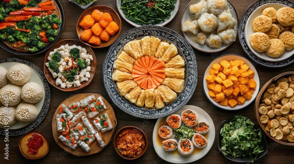 Festive Asian Banquet Spread with Traditional Dishes Festive Asian Banquet Spread with Traditional Dishes