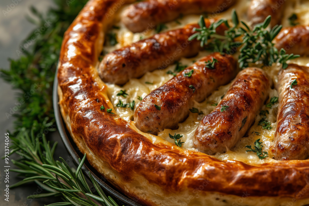 A delightful toad in the hole, showcasing succulent sausages nestled in a golden Yorkshire pudding, garnished with fresh herbs A delightful toad in the hole, showcasing succulent sausages nestled in a golden Yorkshire pudding, garnished with fresh herbs