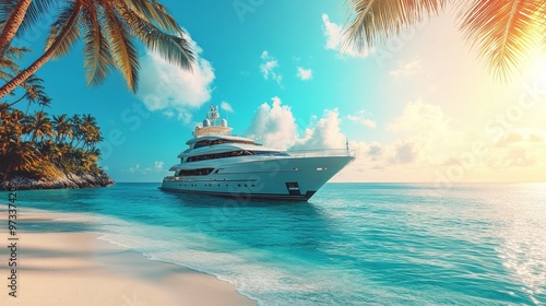 A luxurious yacht anchored near a tropical beach with clear blue ocean water, palm trees, and a sunny sky.