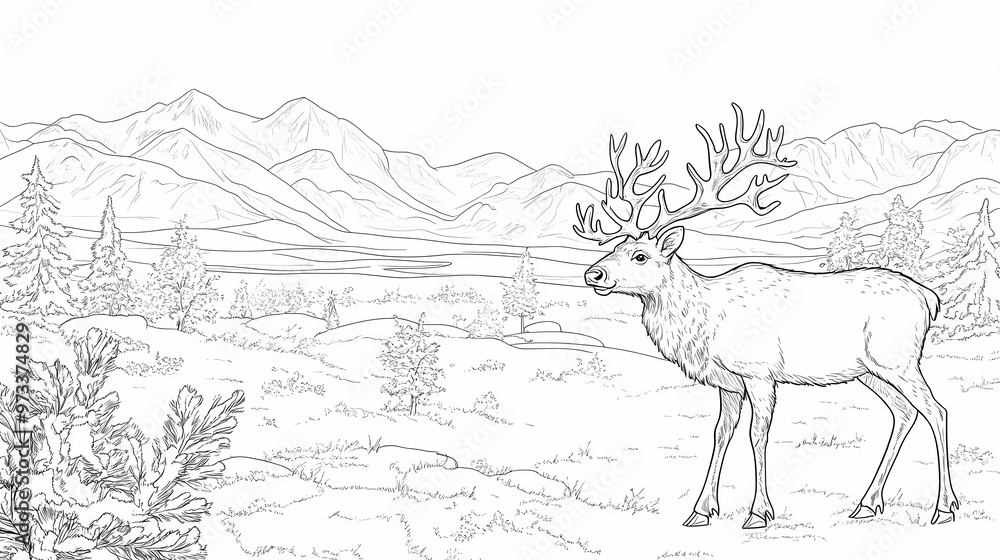 Fototapeta premium Reindeer in a winter tundra scene for coloring fun. Tundra. Illustration