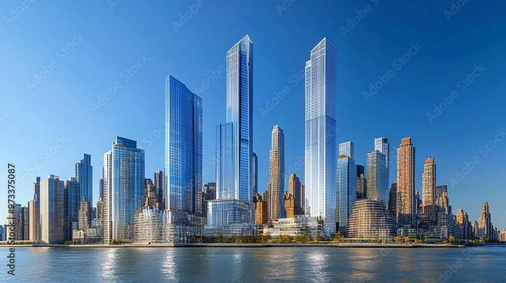 Fototapeta premium Manhattan waterfront cityscape with modern skyscrapers under clear blue sky.