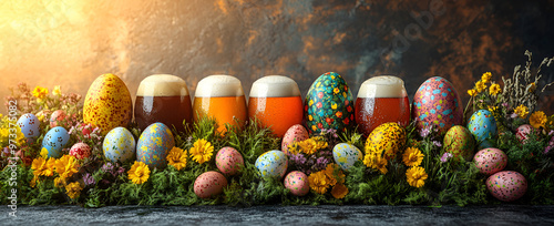 a group of glasses with beer and eggs

