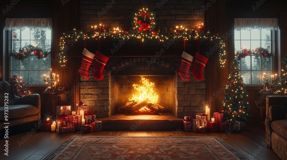 Christmas-themed fireplace scene with stockings, garlands, candles, and a roaring fire, in a cozy living room. 4K hyperrealistic photo. Christmas-themed fireplace scene with stockings, garlands, candles, and a roaring fire, in a cozy living room. 4K hyperrealistic photo.