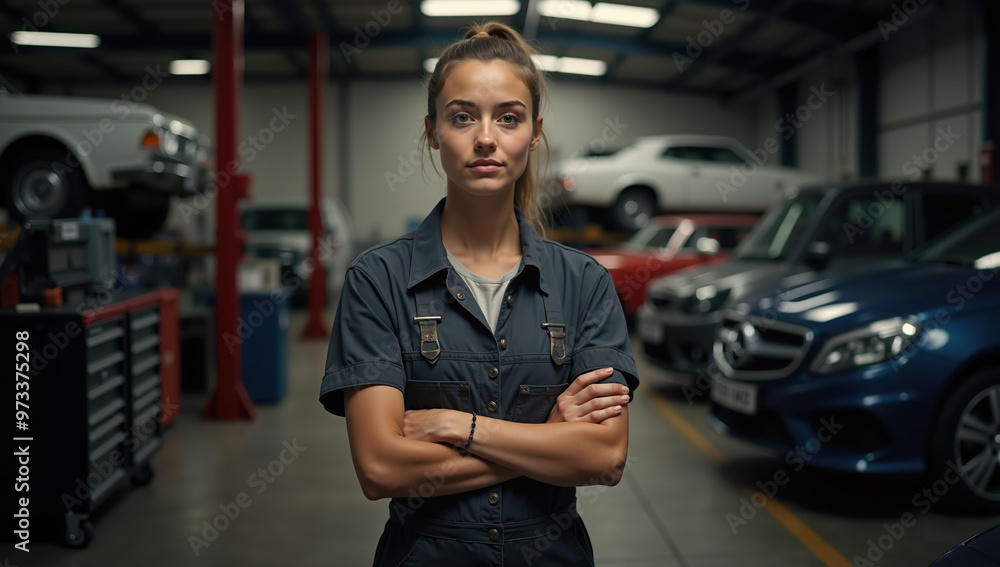 Confident female mechanic standing with arms crossed in an auto repair garage, showcasing professional strength Confident female mechanic standing with arms crossed in an auto repair garage, showcasing professional strength