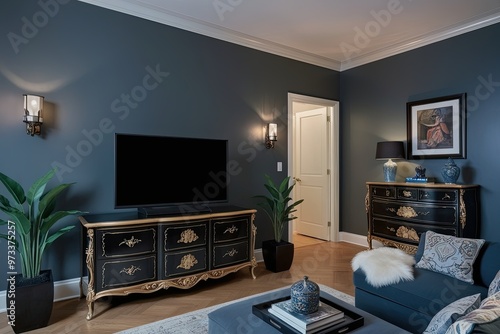 Elegant Nighttime Apartment Design with Slate Grey Walls Television and Decorative Dresser photo