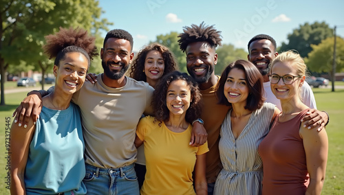 Smiling diverse group of friends standing together outdoors in a park, representing unity and friendship