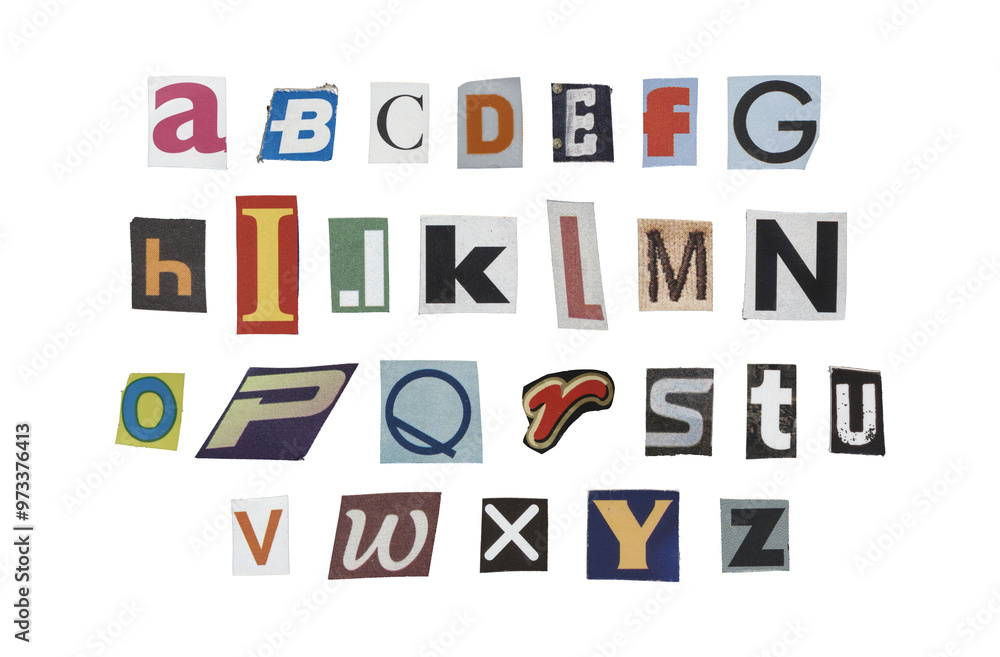 Set of cut-out English alphabet from magazines on a transparent background, retro y2k style Set of cut-out English alphabet from magazines on a transparent background, retro y2k style