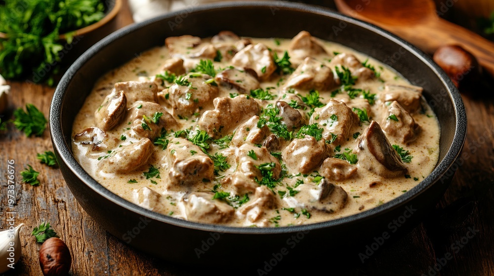 delicious beef stroganoff - veal strips stewed with porcini in sour cream sauce sprinkled with finely chopped parsley on skillet, authentic recipe, view from delicious beef stroganoff - veal strips stewed with porcini in sour cream sauce sprinkled with finely chopped parsley on skillet, authentic recipe, view from