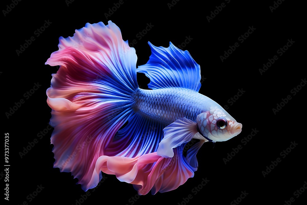 Fototapeta premium Vibrant blue and pink Siamese fighting fish swimming gracefully against a solid black background.