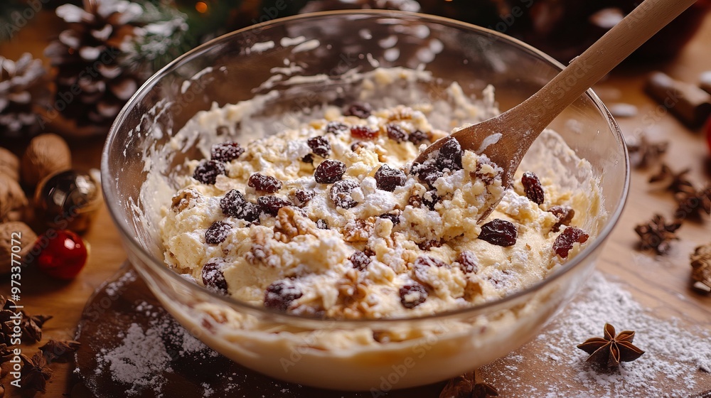 Whisking a bowl of holiday batter for Christmas cake, with festive ingredients like dried fruits, nuts, and spices. 4K hyperrealistic photo. Whisking a bowl of holiday batter for Christmas cake, with festive ingredients like dried fruits, nuts, and spices. 4K hyperrealistic photo.