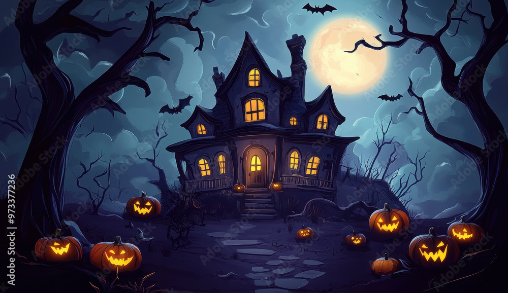Halloween pumpkin head jack lantern with burning candles, Spooky Forest with a full moon and wooden table, Pumpkins In Graveyard In The Spooky Night - Halloween Backdrop. Ai Generative Halloween pumpkin head jack lantern with burning candles, Spooky Forest with a full moon and wooden table, Pumpkins In Graveyard In The Spooky Night - Halloween Backdrop. Ai Generative