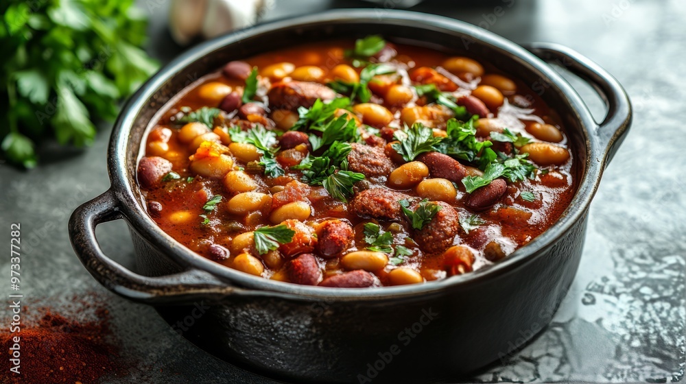 hearty beans stew with sausages, herbs and spices in tomato sauce in a metal casserole on a concrete table, fasolka po bretonsku, polish cuisine, view hearty beans stew with sausages, herbs and spices in tomato sauce in a metal casserole on a concrete table, fasolka po bretonsku, polish cuisine, view