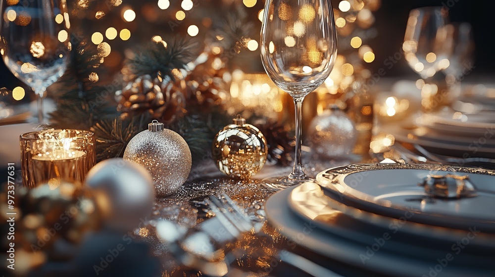 New Year’s Eve table setting with gold and silver decorations, candles, and a festive atmosphere ready for a grand celebration. 4K hyperrealistic photo. New Year’s Eve table setting with gold and silver decorations, candles, and a festive atmosphere ready for a grand celebration. 4K hyperrealistic photo.