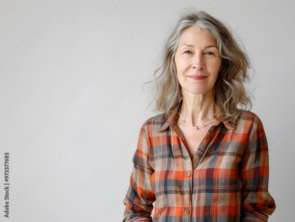 Confident middle-aged woman with a warm smile standing on white background Confident middle-aged woman with a warm smile standing on white background