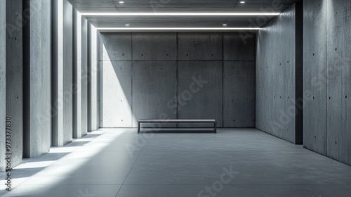 Cold, empty brutalist lobby with exposed concrete walls, minimalist lighting, and a single steel bench, creating a stark, uninviting atmosphere. 4K hyperrealistic photo. photo