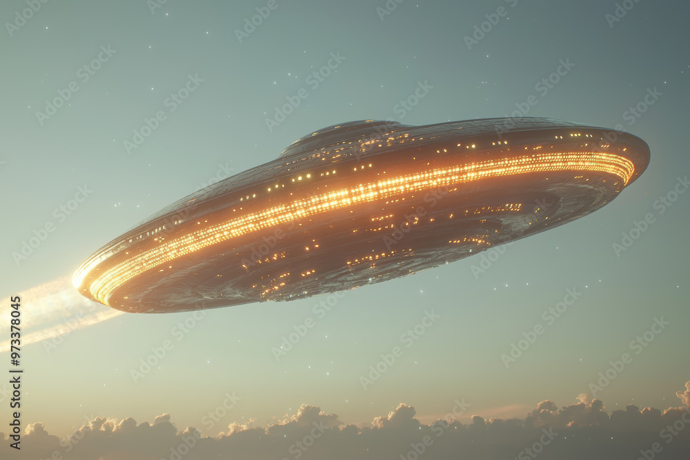 A luminous, cigar-shaped UFO moving steadily across a clear blue sky, leaving a faint trail behind. Concept of space vehicles and daylight sightings. A luminous, cigar-shaped UFO moving steadily across a clear blue sky, leaving a faint trail behind. Concept of space vehicles and daylight sightings.