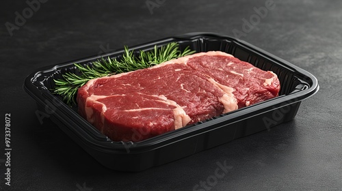 Blank plastic beef tray with black and white label mockup