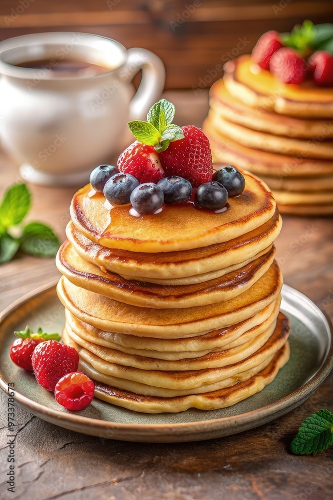 Pancakes with fresh strawberry, blueberry fruit vanilla ice cream scoop whip cream pour delicious sweet dessert on plate wooden table background Pancakes with fresh strawberry, blueberry fruit vanilla ice cream scoop whip cream pour delicious sweet dessert on plate wooden table background