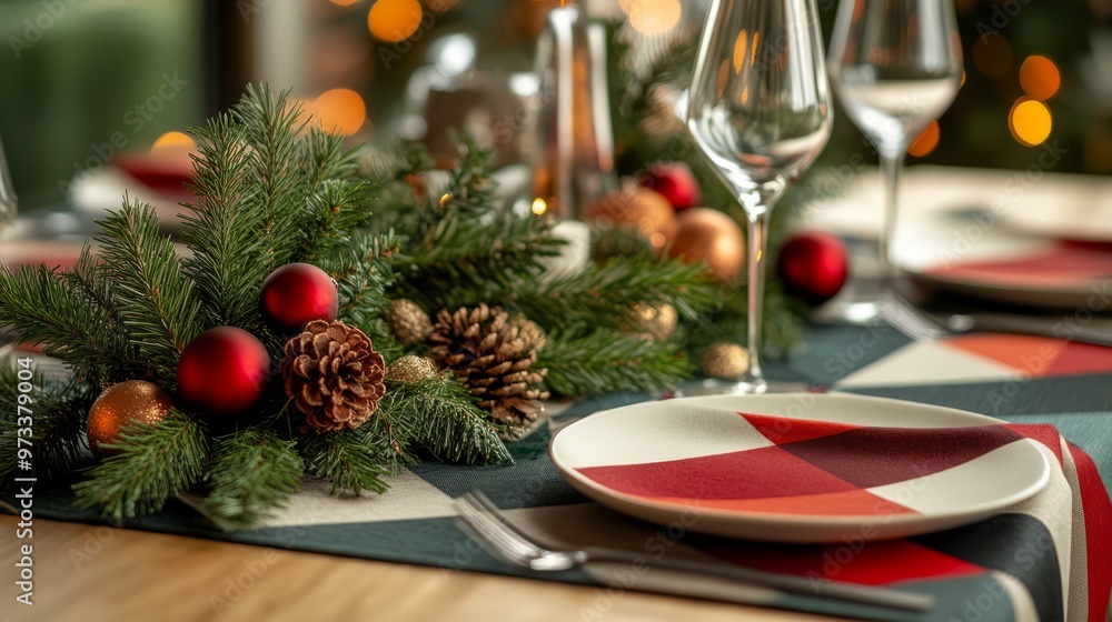 Geometric patterns on a festive table runner, with sharp, angular shapes creating a modern holiday look. 4K hyperrealistic photo. Geometric patterns on a festive table runner, with sharp, angular shapes creating a modern holiday look. 4K hyperrealistic photo.