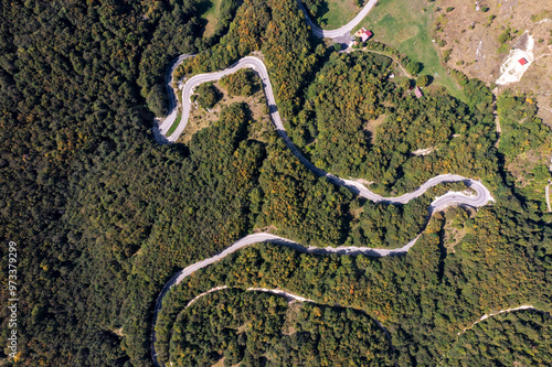 The view from air to the serpentine road in Durmitor National park