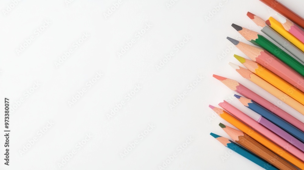 A row of colored pencils on a white background with copy space, AI A row of colored pencils on a white background with copy space, AI