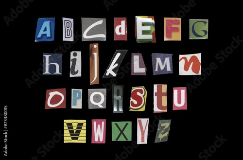 Set of cut-out English alphabet from magazines on a black background, retro y2k style