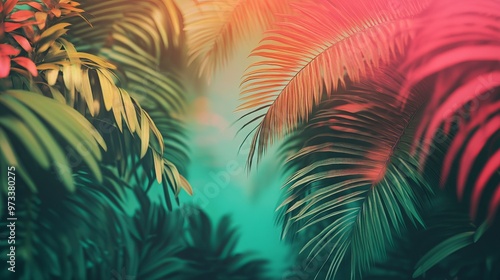 Tropical gradient blending vibrant coral into lush emerald green, with a rich, saturated texture that captures the essence of a tropical paradise, 4K hyperrealistic photo.