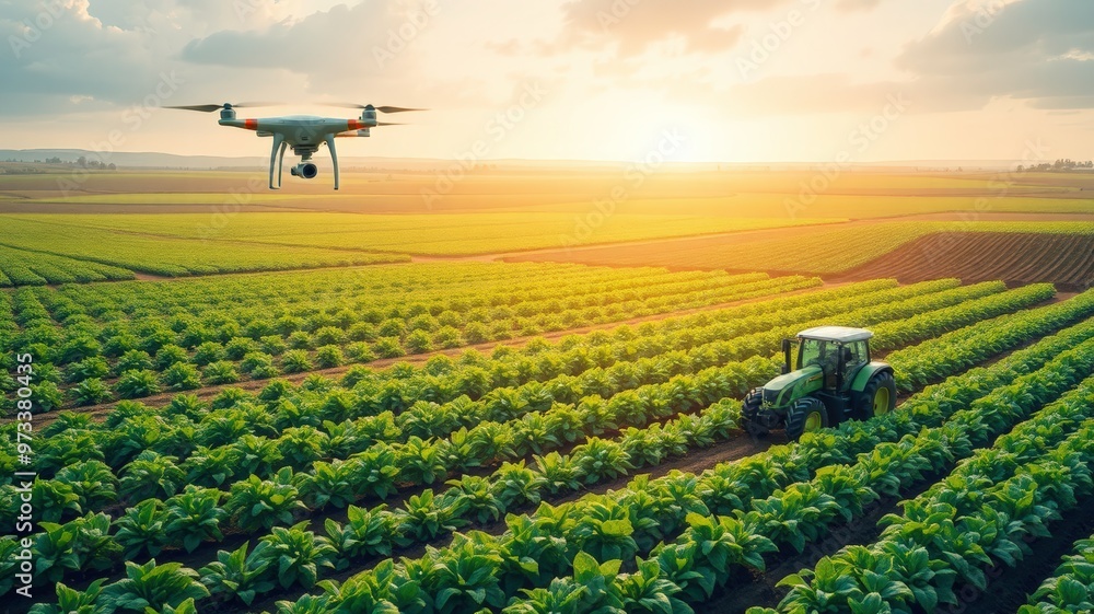 Exploring Advanced Farming Techniques With a Drone Over Vibrant Rows of Crops at Sunset. Generative AI Exploring Advanced Farming Techniques With a Drone Over Vibrant Rows of Crops at Sunset. Generative AI