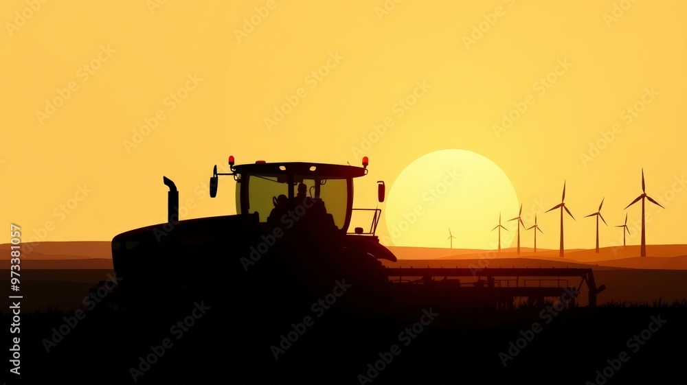 Harvesting Fields at Sunset With Wind Turbines in the Background, Showcasing Agricultural Beauty. Generative AI