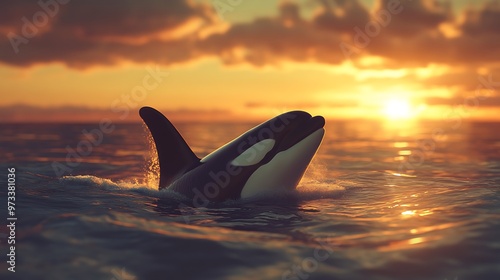 Orca whale jumps out of the water during a vibrant sunset.