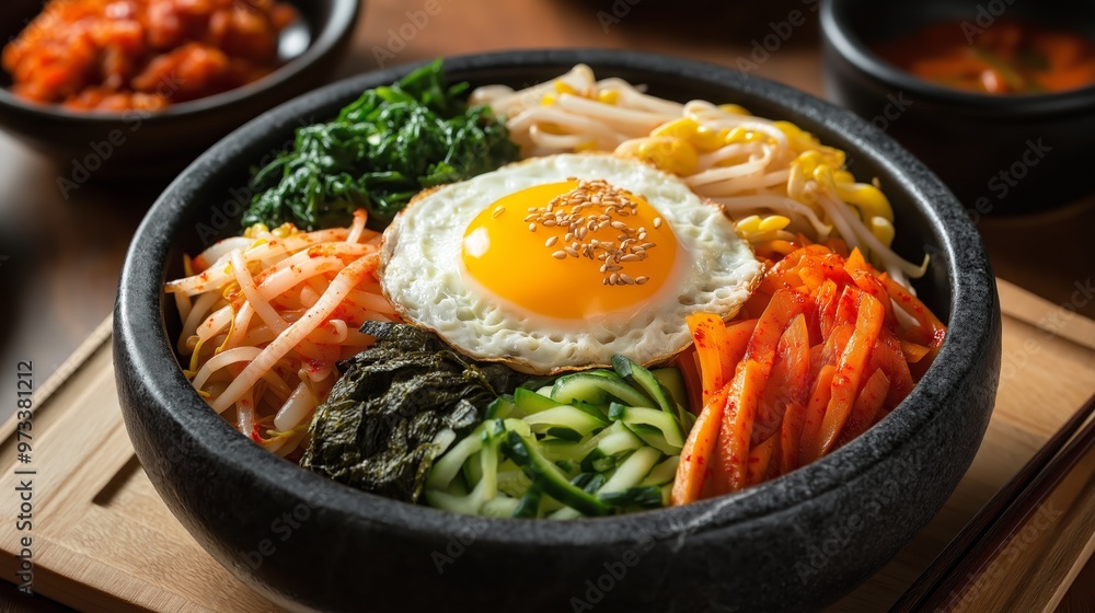 Steaming stone bowl bibimbap with sunny side up egg and vegetables