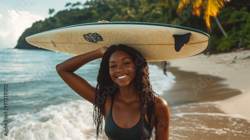 African american woman standing with surfboard on head on ocean beach. Black female surfer posing with surf board. Pretty multiethnic girl goes on surfing session on tropical location