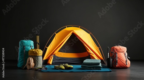 Indoor Camping Setup: A Cozy Camping Tent Surrounded by Hiking Equipment on a Dramatic Black Background photo