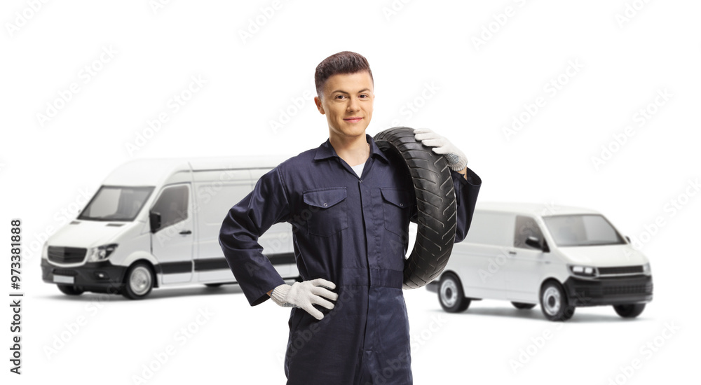Mechanic worket with vans carrying a tire and smiling at camera Mechanic worket with vans carrying a tire and smiling at camera