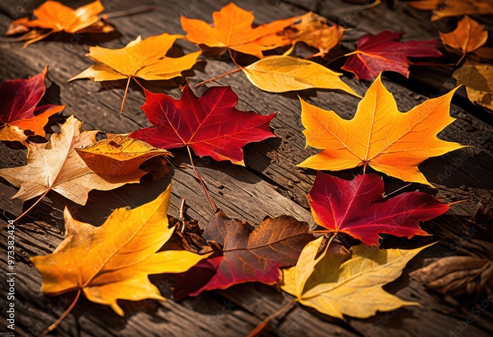 Obraz premium colorful autumn leaves scattered rustic wooden table creating warm seasonal display, vibrant, nature, foliage, orange, yellow, brown, texture, pattern