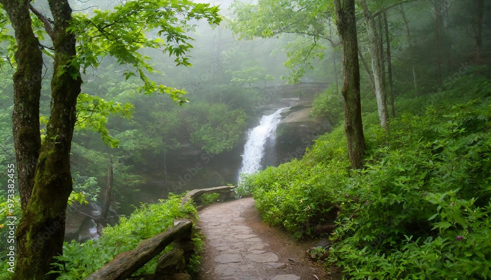 Obraz premium Misty Forest Path Leading to a Hidden Waterfall, Surrounded by Verdant Greenery