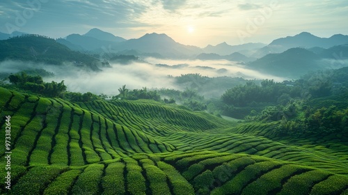 Captivating Aerial View of Lush Terraced Tea Plantation Fields Shrouded in Misty Sunrise