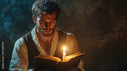 A man reading a book while holding a candle illumination background art photo