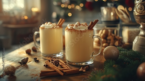 Making homemade eggnog in a festive kitchen, with nutmeg, cinnamon sticks, and holiday mugs ready for serving. 4K hyperrealistic photo. photo