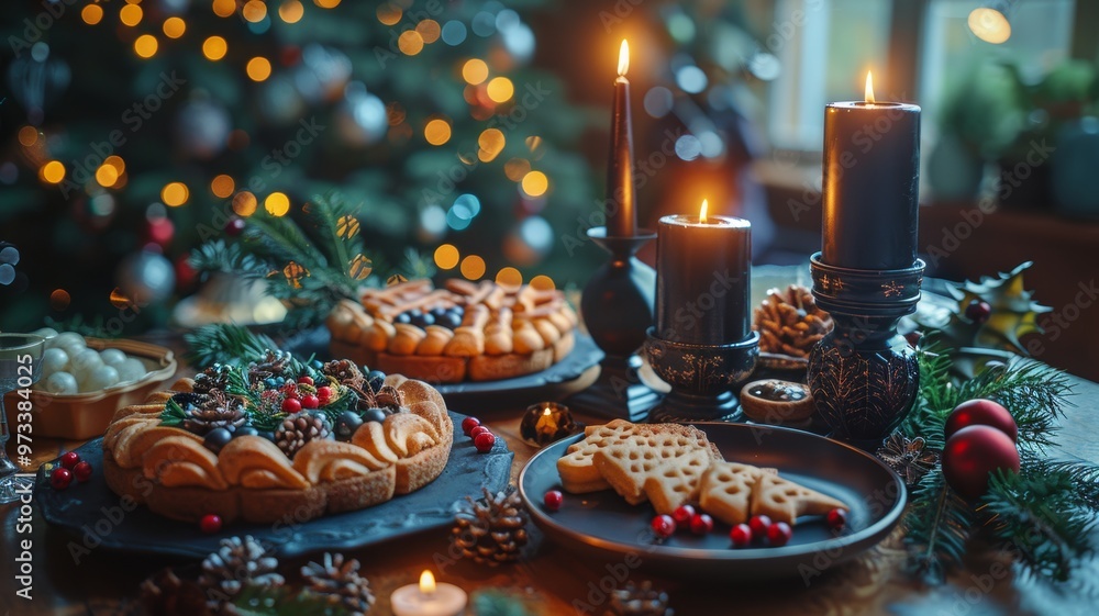 A festive holiday table set with traditional Christmas treats and decorations, with a dark twist: black candles, gothic tableware, and shadowy figures in the background A festive holiday table set with traditional Christmas treats and decorations, with a dark twist: black candles, gothic tableware, and shadowy figures in the background