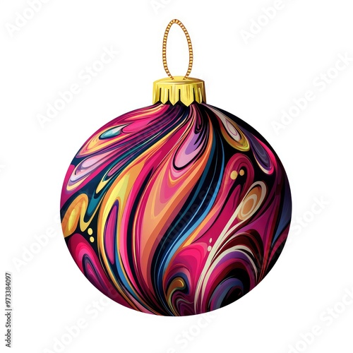 A vibrant and colorful Christmas ornament adorned with swirling patterns, capturing the festive spirit of the holiday season in a cozy indoor setting