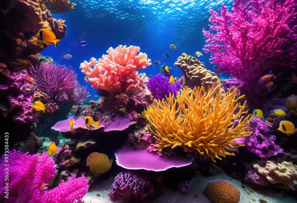 Fototapeta premium vibrant underwater ecosystem showcasing diverse marine life colorful aquatic plants lively ocean environment, corals, fishes, diversity, habitat, species