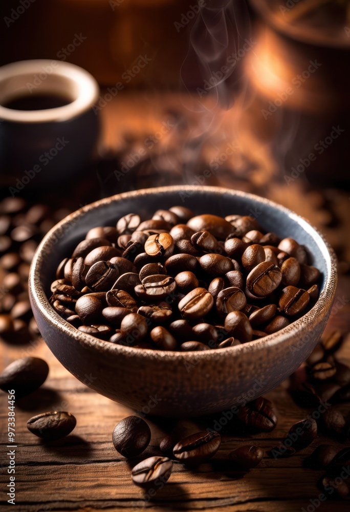Fototapeta premium close view aromatic coffee beans steaming showcasing rich textures inviting warmth cozy setting, espresso, grounds, beverage, drink, caffeine, roasted, mug
