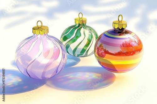 Colorful Christmas ornaments resting on a snowy surface, reflecting the joy and vibrancy of the holiday season during a sunny winter day