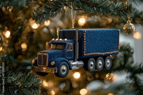 A festive blue truck ornament hanging from a decorated Christmas tree surrounded by warm twinkling lights and holiday cheer