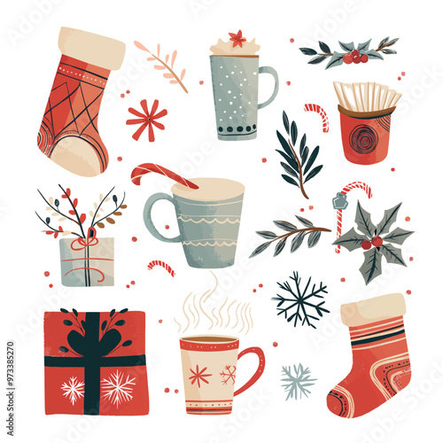 Cozy Christmas decor elements, eggnog Vector cute winter illustration set
