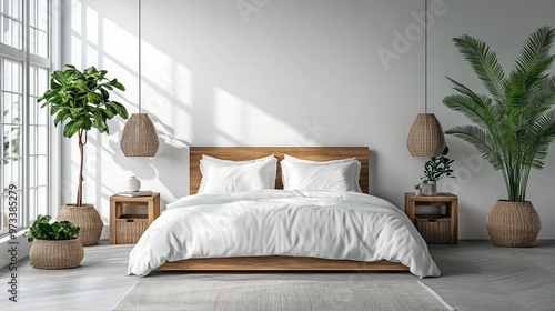 White and wooden bedroom interior with blank wall****