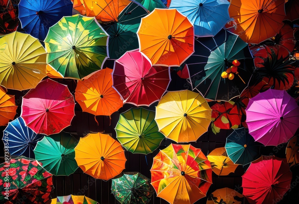 Naklejka premium vibrant cocktail umbrellas displayed colorful beverage background creating festive lively atmosphere, drink, party, summer, tropical, decoration